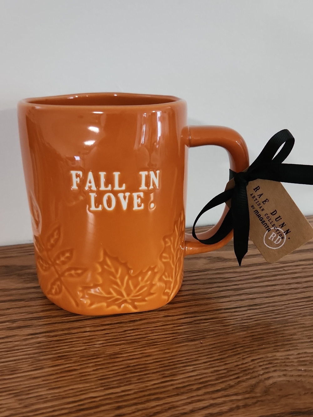 Rae Dunn "Fall In Love" Orange Ceramic Mug With Embossed Leaves